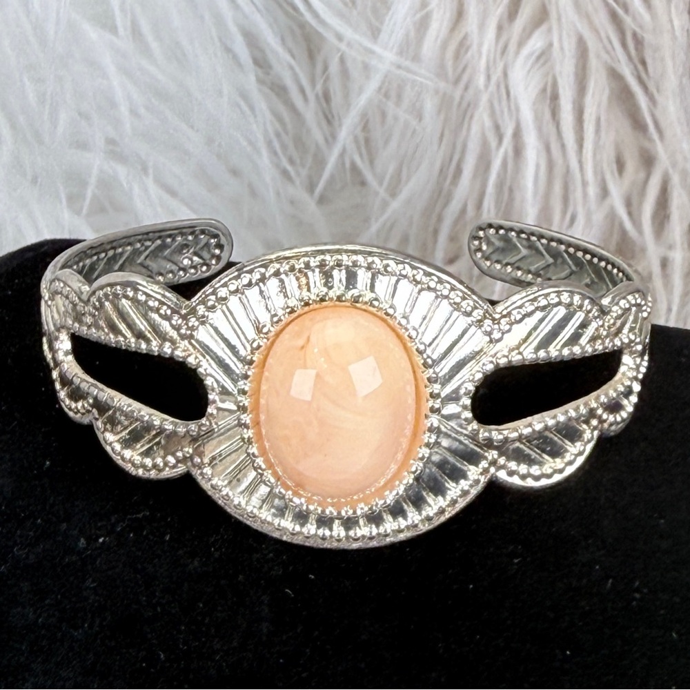 Silvertone And Peach Cuff Statement Bracelet - image 5